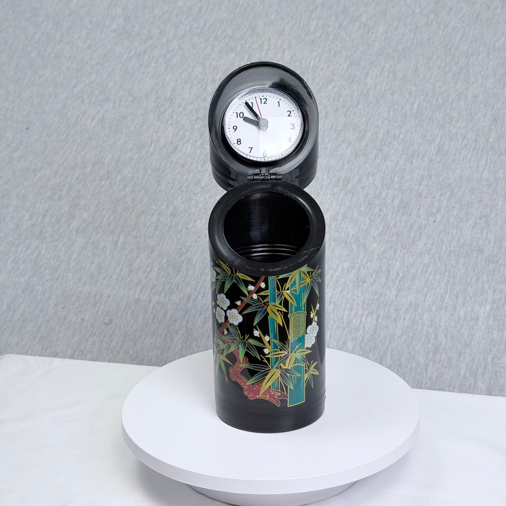 Vintage Japanese Bamboo Floral Desk Clock Hidden Storage Cylinder Black Quartz